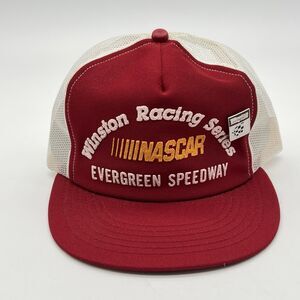🔥 Vintage 80s  EVERGREEN SPEEDWAY Winston Racing NASCAR Red  snapback Hat W/Pin